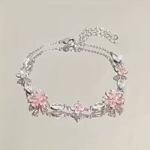 Pink Zirconia Crystal Floral Bracelet Silver Adjustable Gemstone Chain Dainty